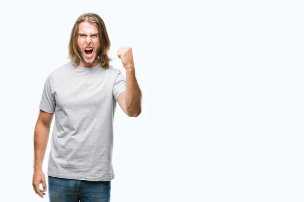 Young Handsome Man Long Hair Isolated Background Angry Mad Raising — Stock Photo, Image