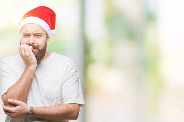 Mladý Bělošský Bokovky Muž Klobouk Vánoční Izolované Pozadí Pohledu Stresovaní — Stock fotografie