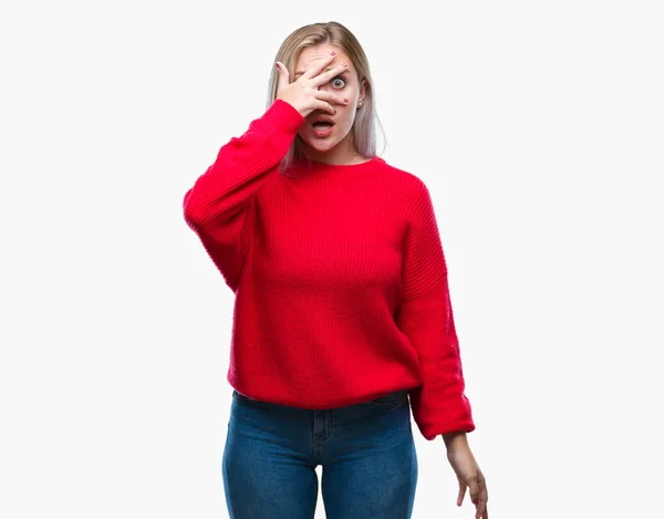 Junge Blonde Frau Winterpullover Vor Isoliertem Hintergrund Die Schockiert Gesicht — Stockfoto