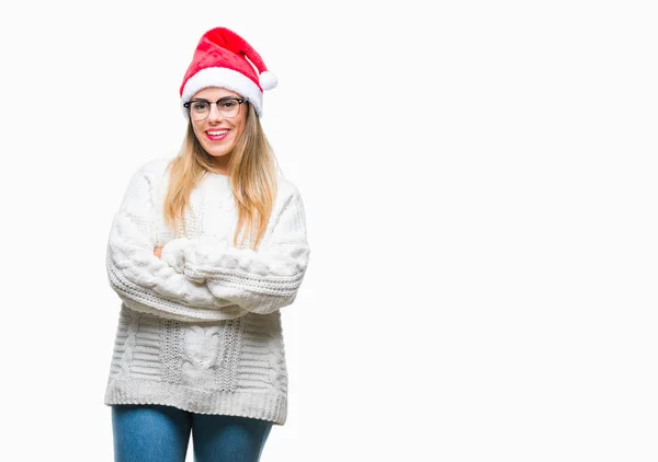 Joven Hermosa Mujer Con Sombrero Navidad Sobre Fondo Aislado Cara —  Fotos de Stock