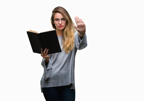 Young Beautiful Blonde Woman Reading Book Isolated Background Open Hand — Stock Photo, Image