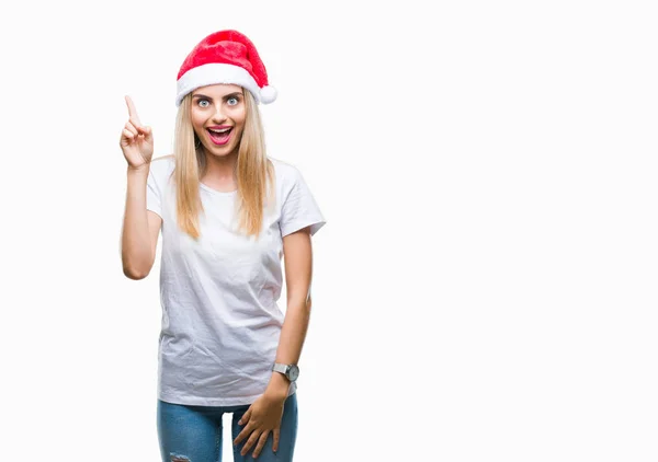 Genç Güzel Sarışın Kadın Noel Şapka Ile Başarılı Fikir Parmağı — Stok fotoğraf