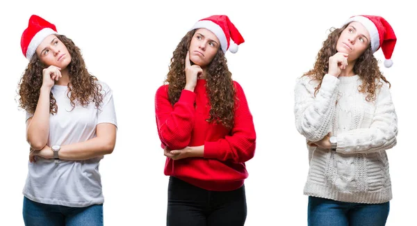 Kolaj Üzerinde Noel Şapka Giyen Genç Esmer Kız Bir Arka — Stok fotoğraf