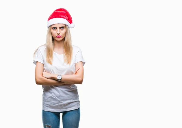 Jovem Linda Mulher Loira Chapéu Natal Sobre Fundo Isolado Cético — Fotografia de Stock