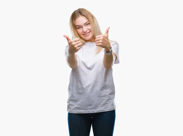 Mulher Caucasiana Jovem Sobre Fundo Isolado Aprovando Fazer Gesto Positivo — Fotografia de Stock