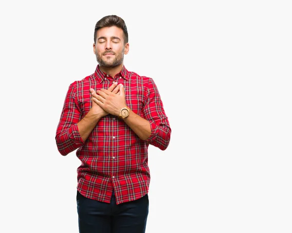 Homem Bonito Jovem Sobre Fundo Isolado Sorrindo Com Mãos Peito — Fotografia de Stock