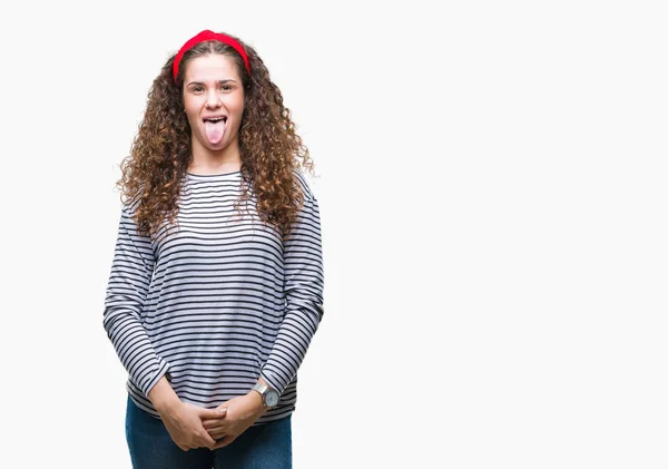 Beautiful Brunette Curly Hair Young Girl Wearing Stripes Sweater Isolated — Stock Photo, Image