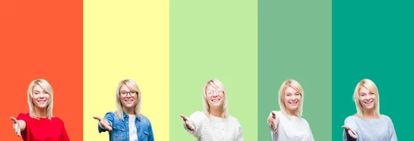 Collage Van Mooie Blonde Vrouw Levendige Vintage Geïsoleerde Achtergrond Lachende — Stockfoto