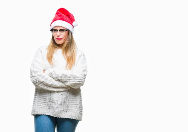 Joven Hermosa Mujer Con Sombrero Navidad Sobre Fondo Aislado Escéptico — Foto de Stock