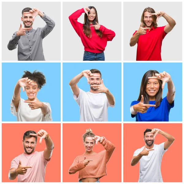 一群年轻人在五颜六色的孤立背景微笑的框架用手和手指与快乐的脸拼贴 创意和摄影理念 — 图库照片