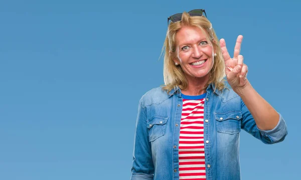 Middle Age Blonde Woman Isolated Background Showing Pointing Fingers Number — Stock Photo, Image