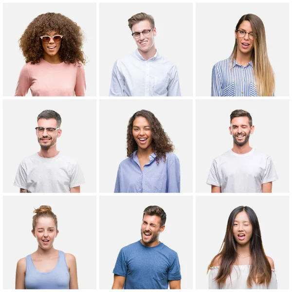 Colagem Grupo Jovens Mulher Homens Sobre Fundo Branco Solado Piscando — Fotografia de Stock