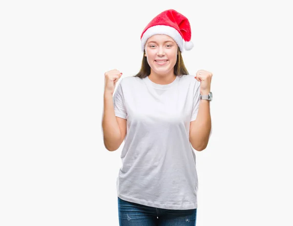 Giovane Bella Donna Caucasica Indossa Cappello Natale Sfondo Isolato Celebrando — Foto Stock