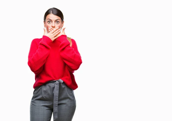 Junge Schöne Geschäftsfrau Trägt Winterpullover Über Isoliertem Hintergrund Schockiert Mund — Stockfoto