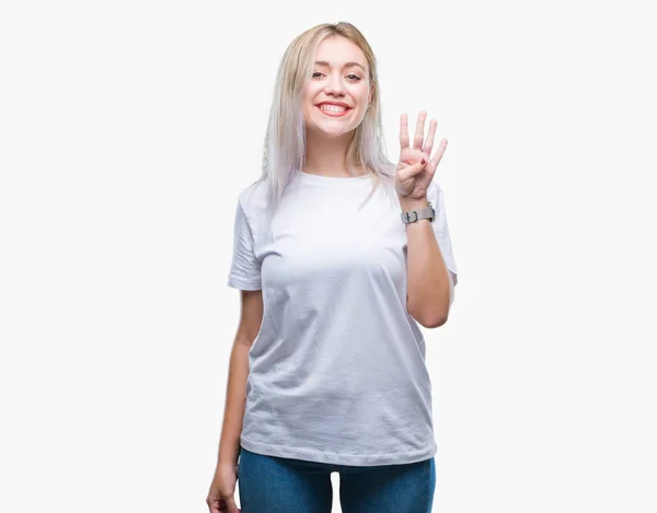 Młoda Blond Kobieta Białym Tle Wyświetlono Skierowaną Górę Palcami Numer — Zdjęcie stockowe