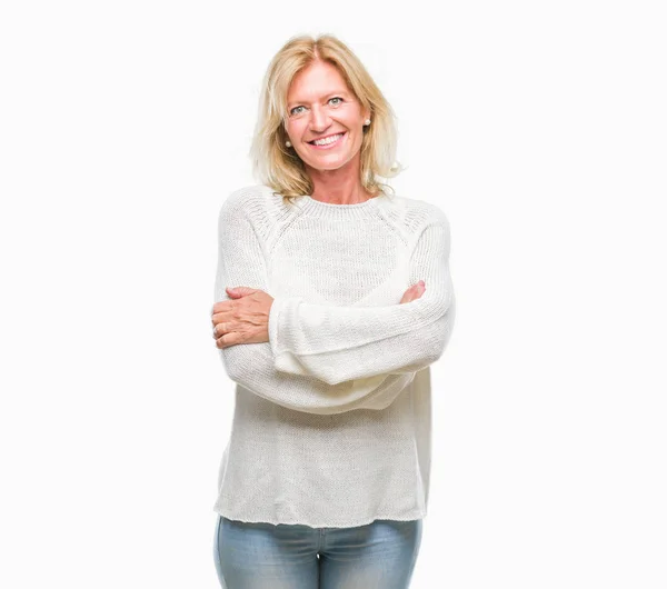 Medelålders Blond Kvinna Bär Vinter Tröja Isolerade Bakgrund Glada Ansikte — Stockfoto