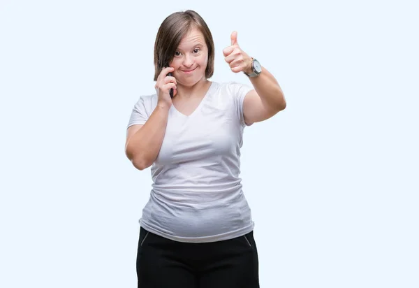 Mujer Adulta Joven Con Síndrome Tomando Uso Teléfono Inteligente Sobre — Foto de Stock