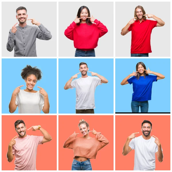 Collage Group Young People Colorful Isolated Background Smiling Confident Showing — Stock Photo, Image