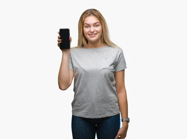 Young Caucasian Woman Showing Screen Smartphone Isolated Background Happy Face — Stock Photo, Image