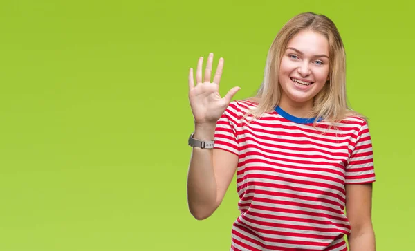 Young Caucasian Woman Isolated Background Showing Pointing Fingers Number Five — Stock Photo, Image