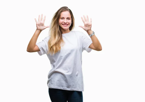 Joven Hermosa Mujer Rubia Vistiendo Casual Camiseta Blanca Sobre Fondo — Foto de Stock
