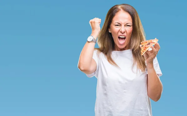 Femme Hispanique Moyen Âge Mangeant Des Tranches Pizza Sur Fond — Photo