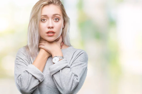 Young Blonde Woman Isolated Background Shouting Suffocate Because Painful Strangle — Stock Photo, Image