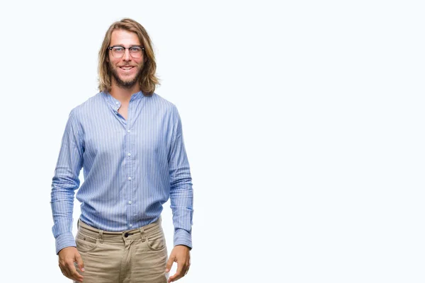 Young Handsome Man Long Hair Wearing Glasses Isolated Background Happy — Stock Photo, Image