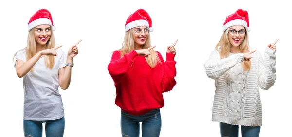 拼贴画年轻美丽的金发女子戴着圣诞节帽子在孤立的背景微笑 看着相机指着两个手和手指到一边 — 图库照片