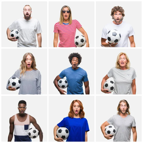 Collage Grupo Jóvenes Personas Mayores Sosteniendo Pelota Fútbol Sobre Fondo —  Fotos de Stock