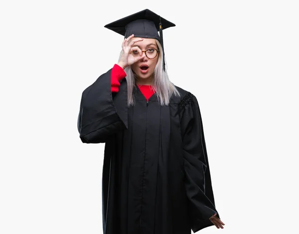 Young Blonde Woman Wearing Graduate Uniform Isolated Background Doing Gesture — Stock Photo, Image