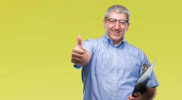 Handsome Senior Inspector Man Holding Clipboard Isolated Background Happy Big — Stock Photo, Image