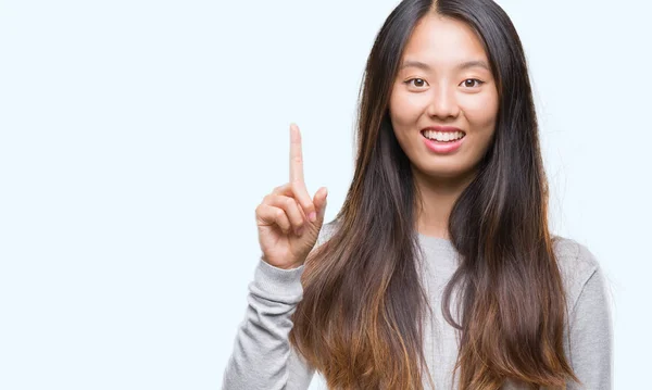 Young Asian Woman Isolated Background Pointing Finger Successful Idea Exited — Stock Photo, Image