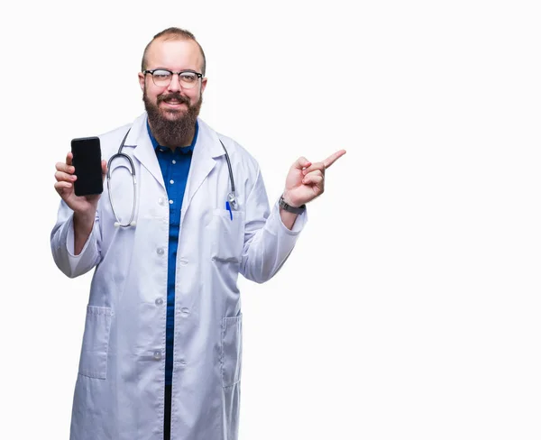 Joven Médico Que Muestra Pantalla Del Teléfono Inteligente Sobre Fondo —  Fotos de Stock