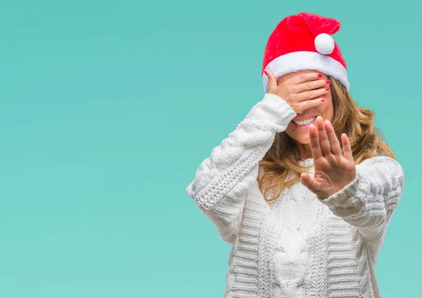 Mujer Hispana Mayor Mediana Edad Que Usa Sombrero Navidad Sobre — Foto de Stock