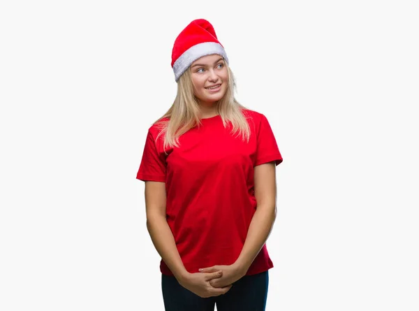 Mulher Caucasiana Jovem Vestindo Chapéu Natal Sobre Fundo Isolado Olhando — Fotografia de Stock