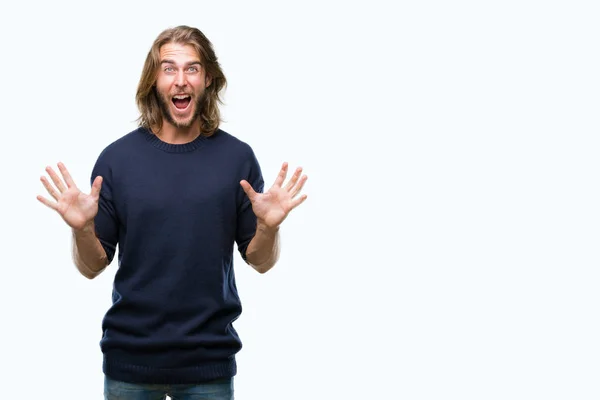 Junger Gutaussehender Mann Mit Langen Haaren Winterpullover Über Isoliertem Hintergrund — Stockfoto