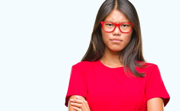 Jovem Mulher Asiática Vestindo Óculos Sobre Fundo Isolado Cético Nervoso — Fotografia de Stock
