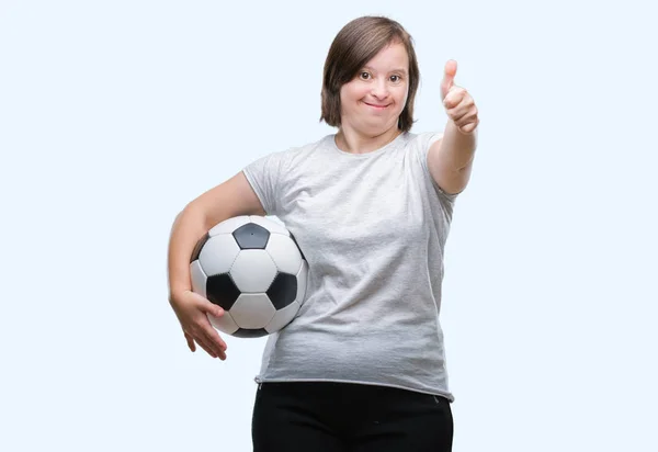 Молодая Взрослая Женщина Синдромом Дауна Держит Футбольный Мяч Изолированном Фоне — стоковое фото