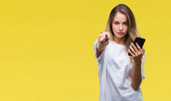 Jonge Mooie Blonde Vrouw Met Smartphone Geïsoleerd Achtergrond Met Vinger — Stockfoto