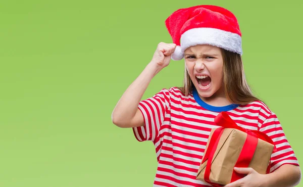Ung Vacker Flicka Christmas Hatt Och Hålla Gåva Över Isolerade — Stockfoto