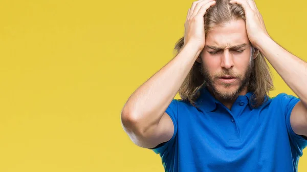 Giovane Bell Uomo Con Capelli Lunghi Sfondo Isolato Che Soffre — Foto Stock