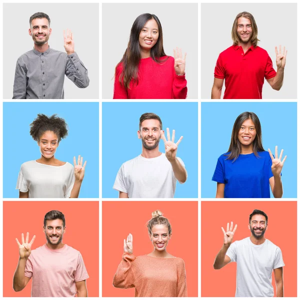 Collage Group Young People Colorful Isolated Background Showing Pointing Fingers — Stock Photo, Image