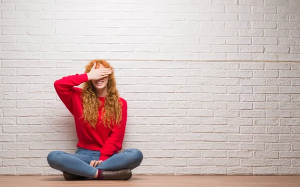 Young Redhead Woman Sitting Brick Wall Smiling Laughing Hand Face — Stock Photo, Image