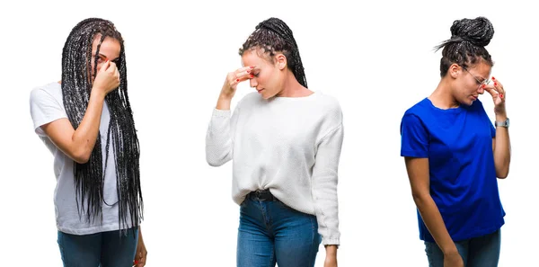 Collage Vackert Flätat Hår Afroamerikanska Kvinnan Över Isolerade Bakgrund Trött — Stockfoto