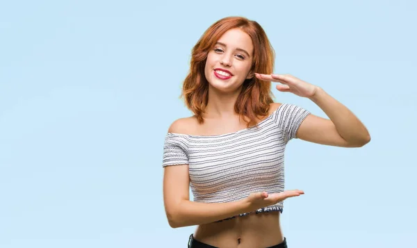 Young Beautiful Woman Isolated Background Gesturing Hands Showing Big Large — Stock Photo, Image