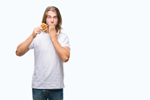 Young Handsome Man Long Hair Isolated Background Eating Waffle Cover — Stock Photo, Image