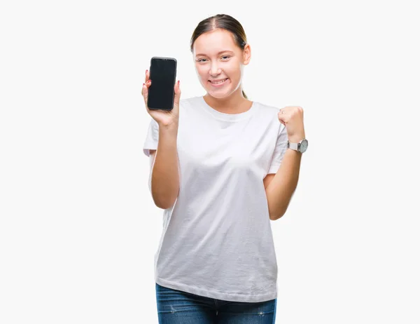 Unga Vackra Kaukasiska Kvinna Visar Smartphone Skärmen Över Isolerade Bakgrund — Stockfoto