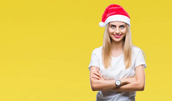 Jovem Linda Mulher Loira Chapéu Natal Sobre Fundo Isolado Rosto — Fotografia de Stock