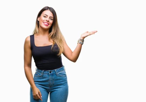 Joven Hermosa Mujer Sobre Fondo Aislado Sonriente Alegre Presentando Señalando —  Fotos de Stock